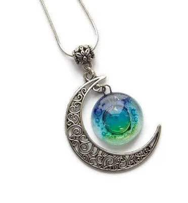 Blue moon, Green blue moon recycled glass long pendant. Handmade.
