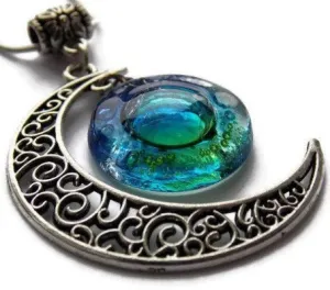 Blue moon, Green blue moon recycled glass long pendant. Handmade.