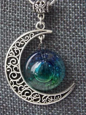 Blue moon, Green blue moon recycled glass long pendant. Handmade.