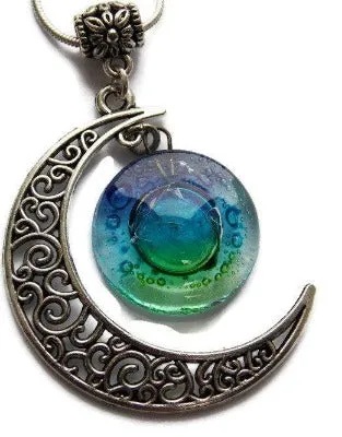 Blue moon, Green blue moon recycled glass long pendant. Handmade.