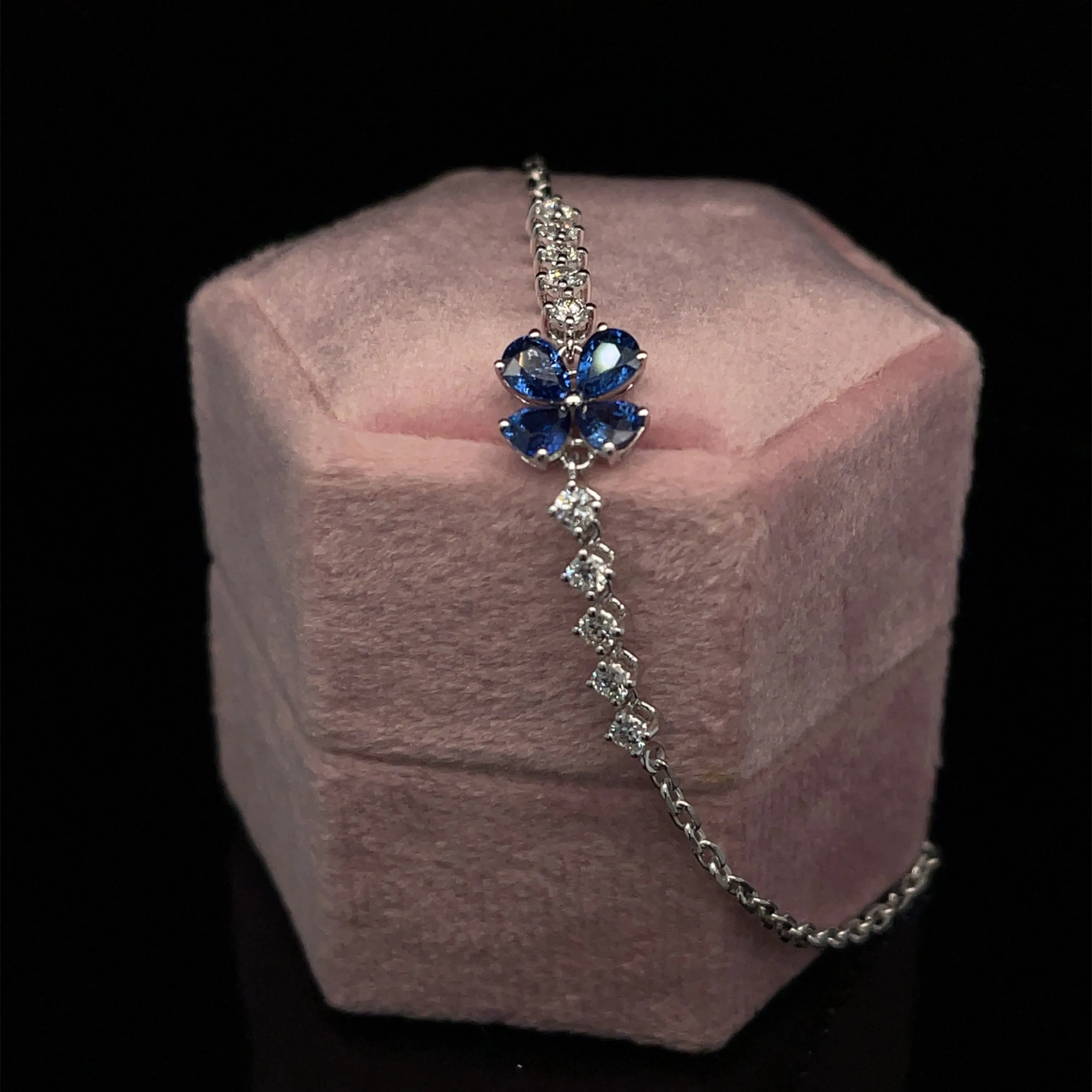 Blue Sapphire & Diamond Floral Station Bracelet in 18k White Gold - #493 - BRSAP022107