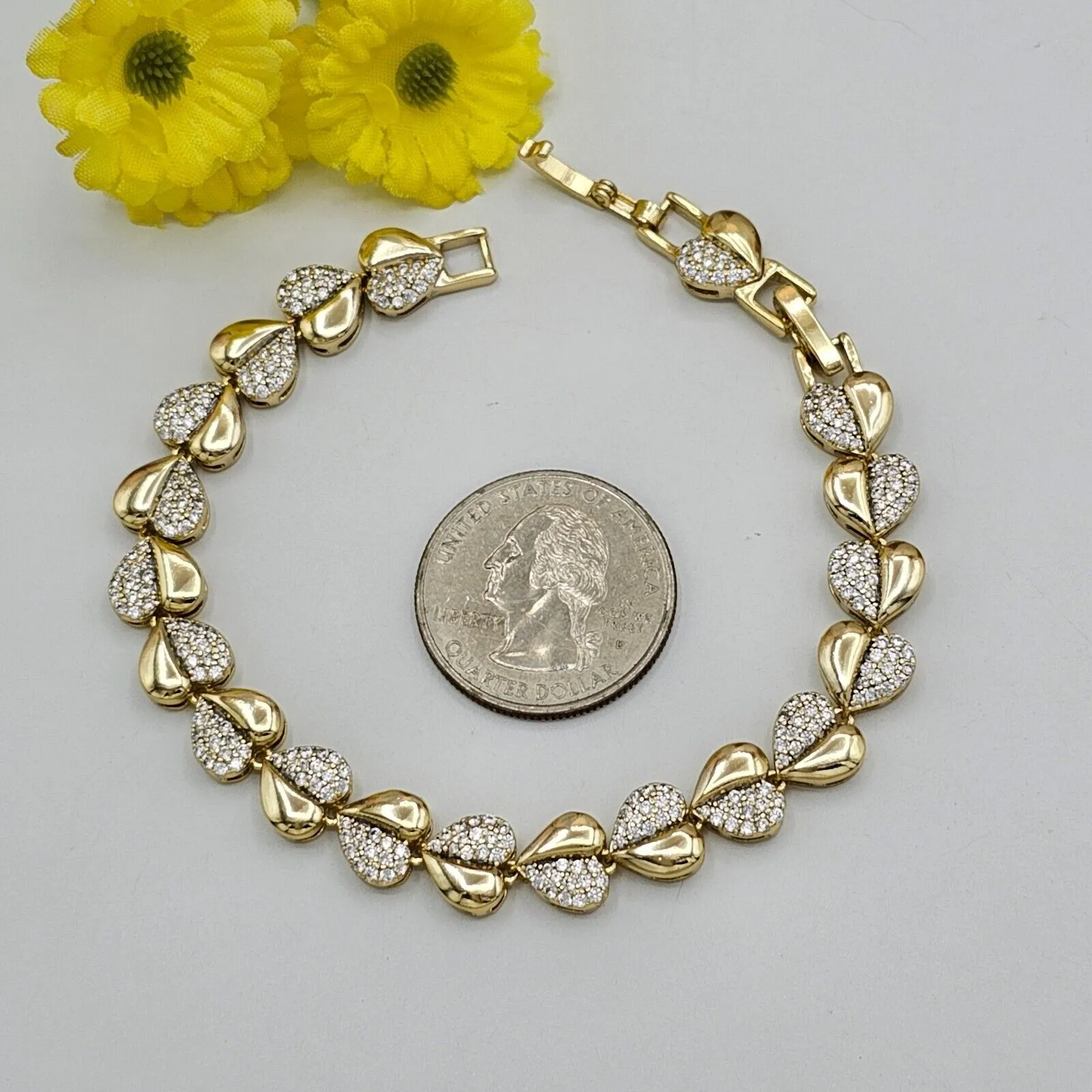 Bracelets - 14K Gold Plated. Hearts Clear Crystals bracelet