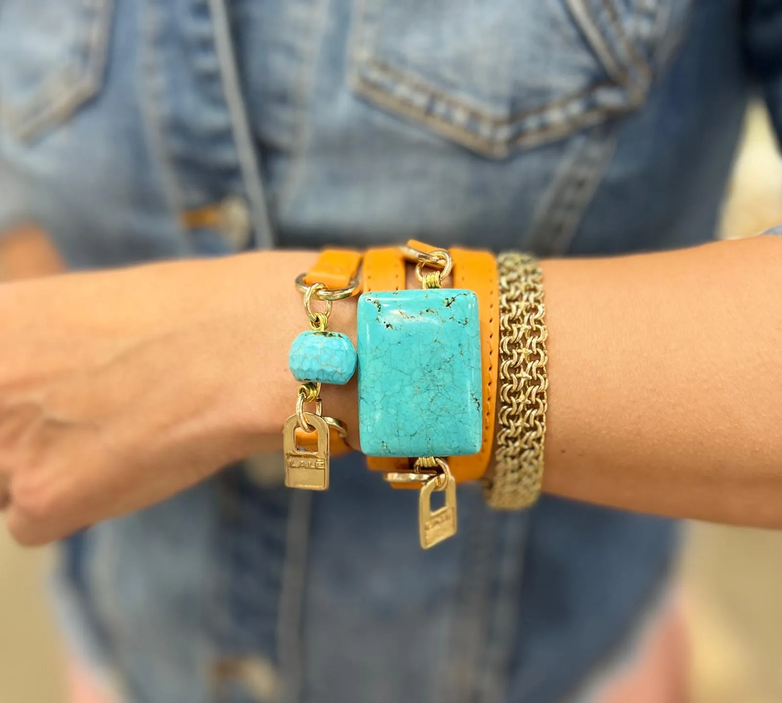 Bundle Bracelet with Orange Leather and Turquoise Stones