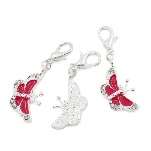 Butterfly Charm W/clear  Crystals Clip on Charm Pendant w/ Lobster Clasp