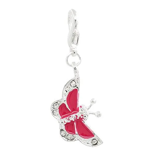 Butterfly Charm W/clear  Crystals Clip on Charm Pendant w/ Lobster Clasp