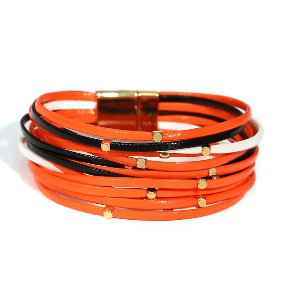 Charm Triple Color Leather Bracelet for Women Bohemian Metal Beads Multilayer Thin Strip Wrap Bracelets Fashion Jewelry