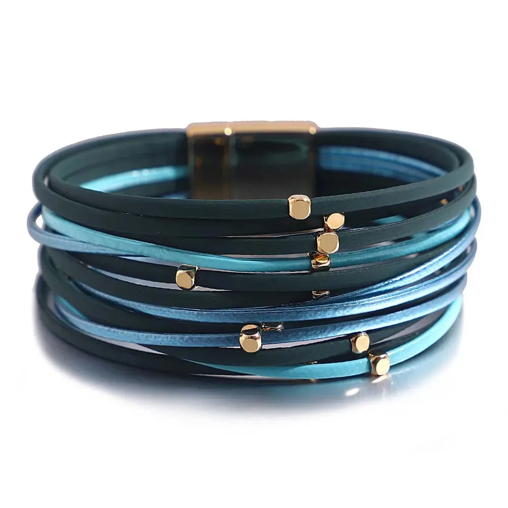 Charm Triple Color Leather Bracelet for Women Bohemian Metal Beads Multilayer Thin Strip Wrap Bracelets Fashion Jewelry
