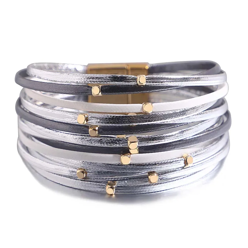 Charm Triple Color Leather Bracelet for Women Bohemian Metal Beads Multilayer Thin Strip Wrap Bracelets Fashion Jewelry