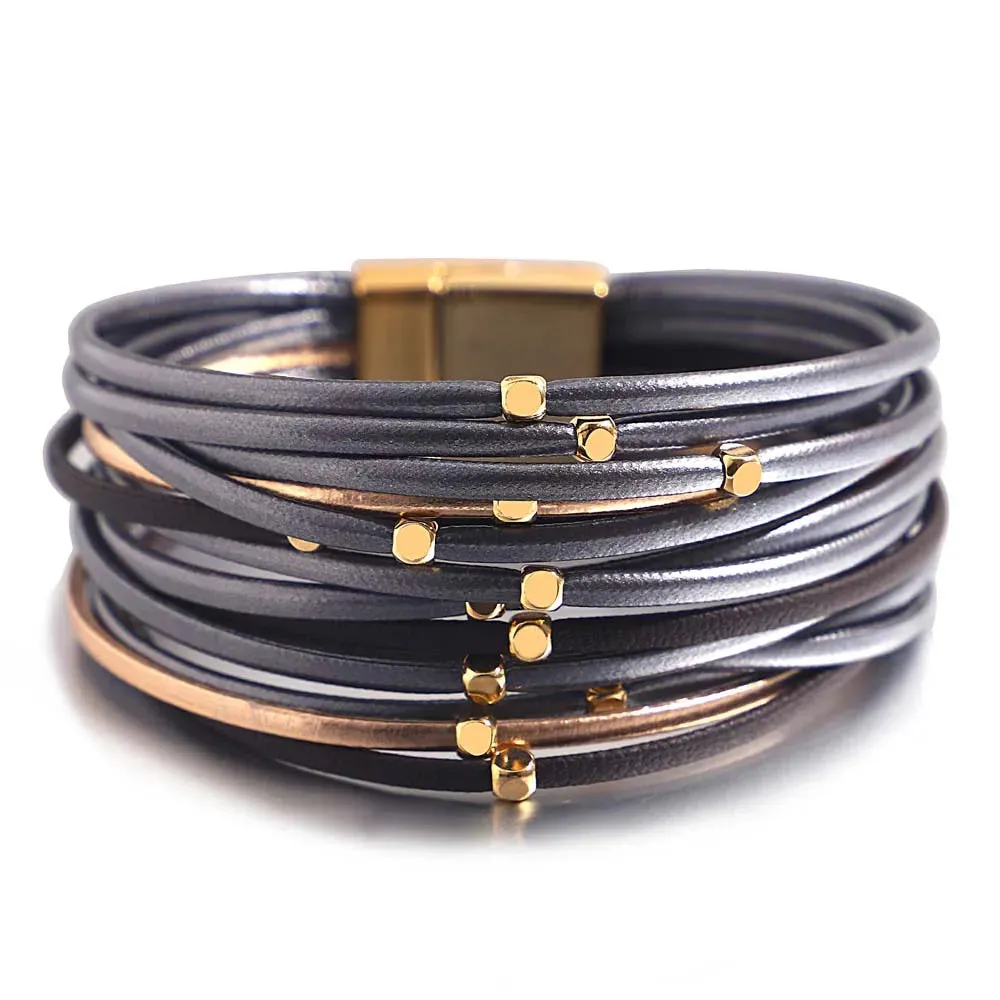 Charm Triple Color Leather Bracelet for Women Bohemian Metal Beads Multilayer Thin Strip Wrap Bracelets Fashion Jewelry