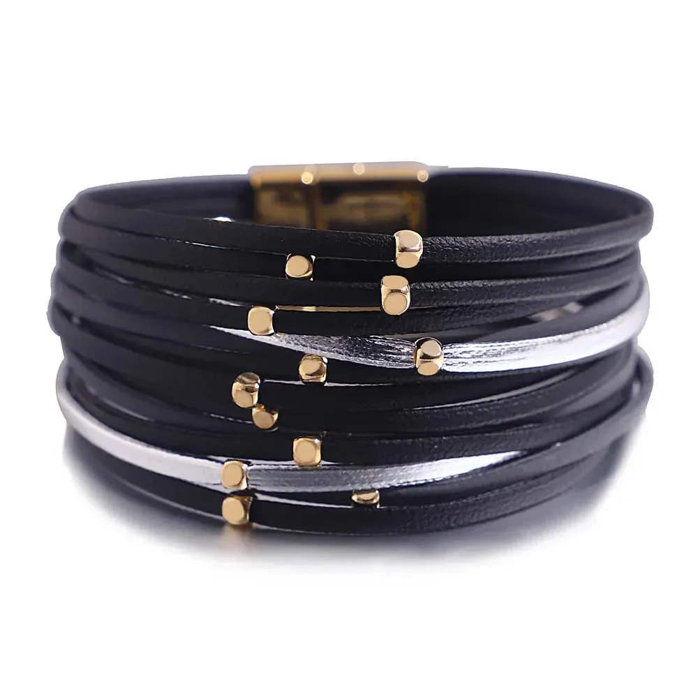 Charm Triple Color Leather Bracelet for Women Bohemian Metal Beads Multilayer Thin Strip Wrap Bracelets Fashion Jewelry