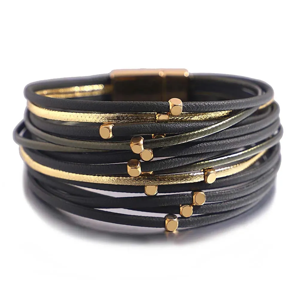 Charm Triple Color Leather Bracelet for Women Bohemian Metal Beads Multilayer Thin Strip Wrap Bracelets Fashion Jewelry