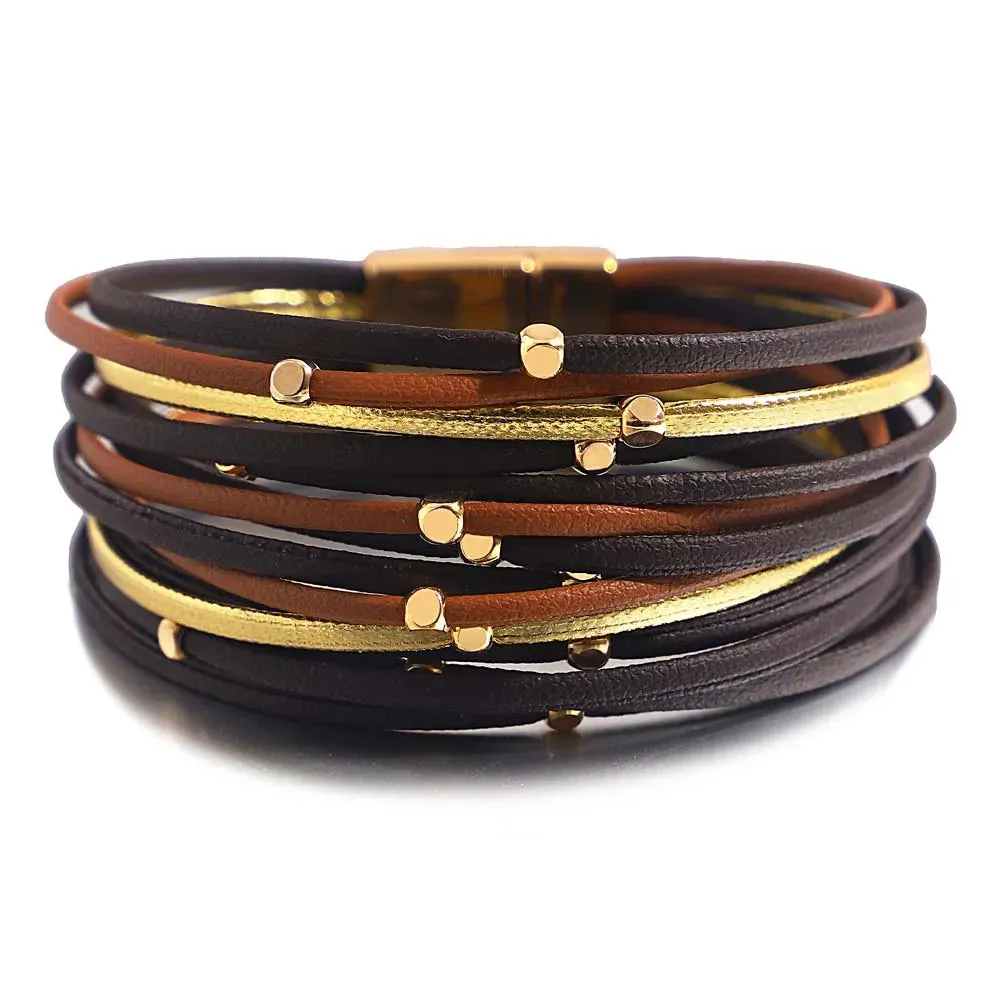 Charm Triple Color Leather Bracelet for Women Bohemian Metal Beads Multilayer Thin Strip Wrap Bracelets Fashion Jewelry