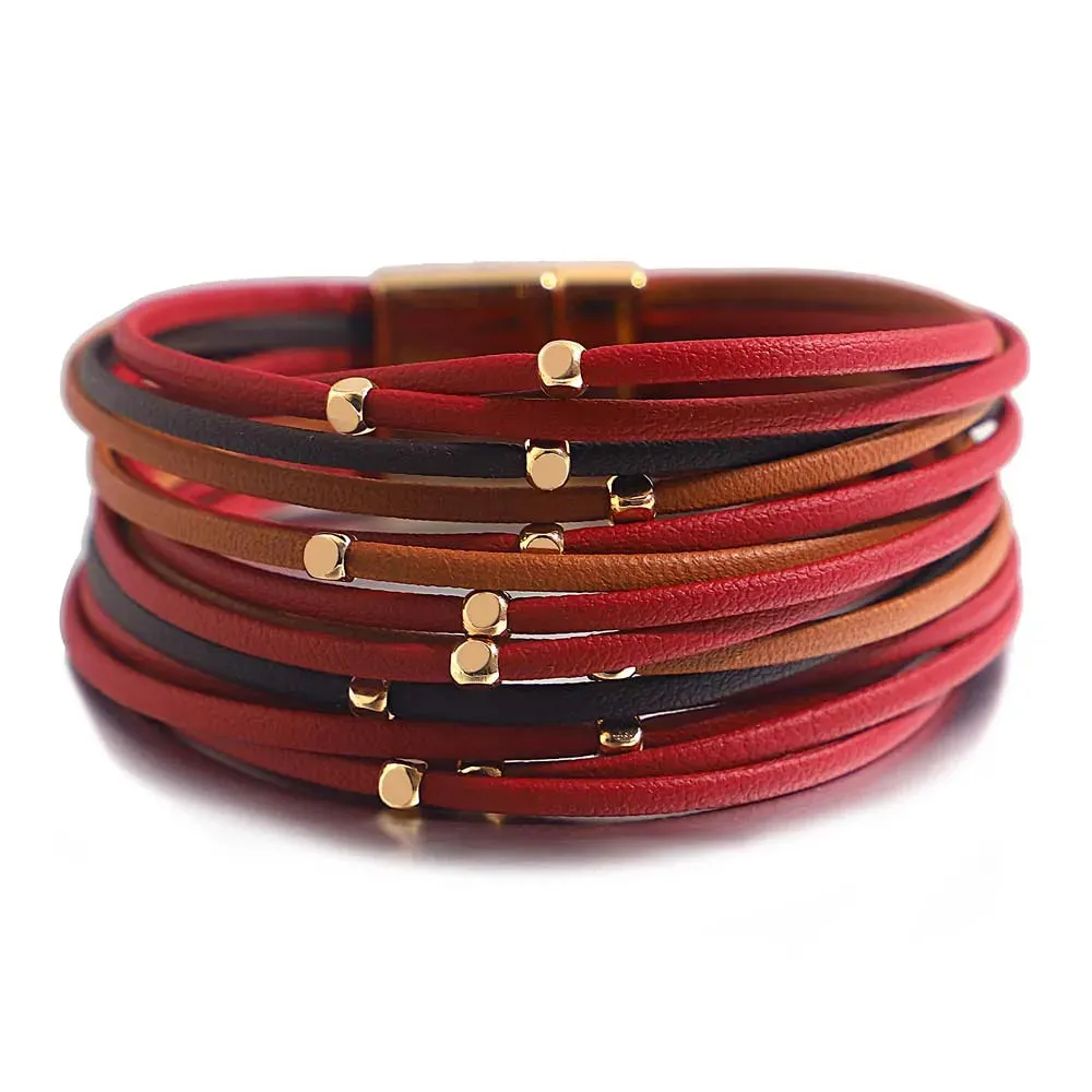 Charm Triple Color Leather Bracelet for Women Bohemian Metal Beads Multilayer Thin Strip Wrap Bracelets Fashion Jewelry