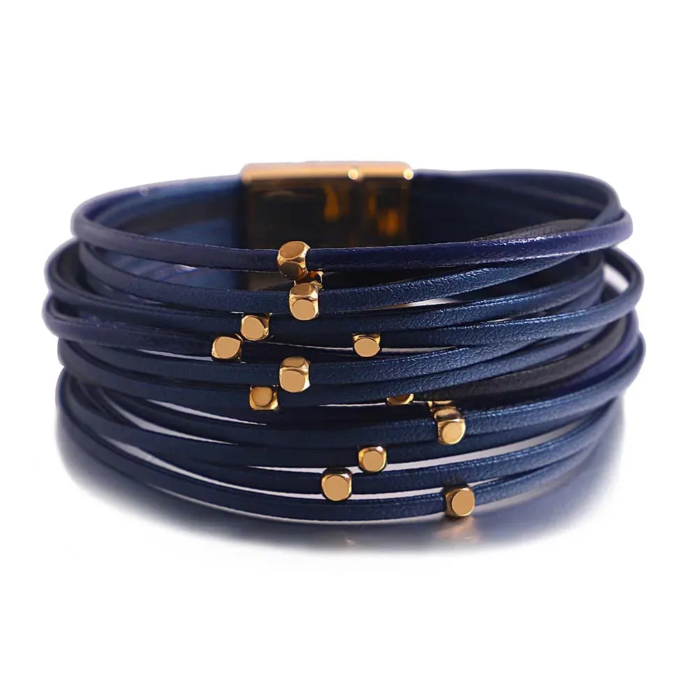 Charm Triple Color Leather Bracelet for Women Bohemian Metal Beads Multilayer Thin Strip Wrap Bracelets Fashion Jewelry