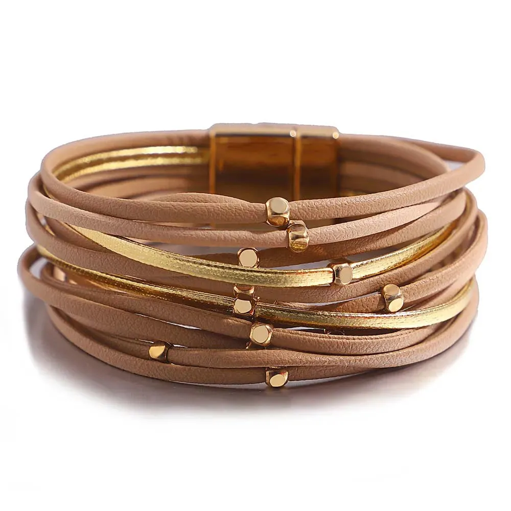 Charm Triple Color Leather Bracelet for Women Bohemian Metal Beads Multilayer Thin Strip Wrap Bracelets Fashion Jewelry