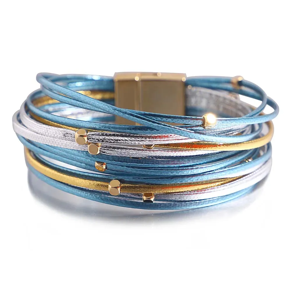 Charm Triple Color Leather Bracelet for Women Bohemian Metal Beads Multilayer Thin Strip Wrap Bracelets Fashion Jewelry