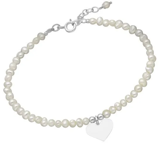 Children's and Teens' Bracelets:  Sterling Silver, White, Freshwater Pearl Bracelets with Engravable Heart Charm and Gift Box