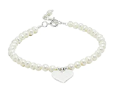Children's and Teens' Bracelets:  Sterling Silver, White, Freshwater Pearl Bracelets with Engravable Heart Charm and Gift Box