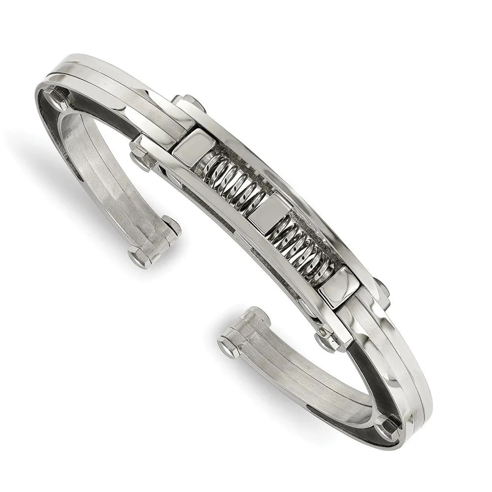 Chisel Stainless Steel Brushed and Polished with Black Carbon Fiber Inlay Hinged Bangle