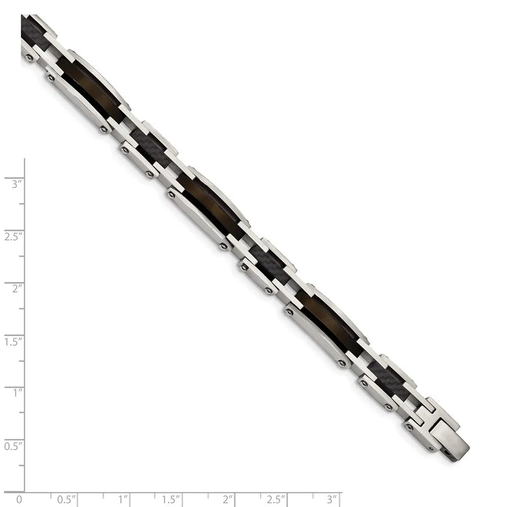Chisel Stainless Steel Polished Black IP-plated with Solid Black Carbon Fiber 8.25 inch Link Bracelet