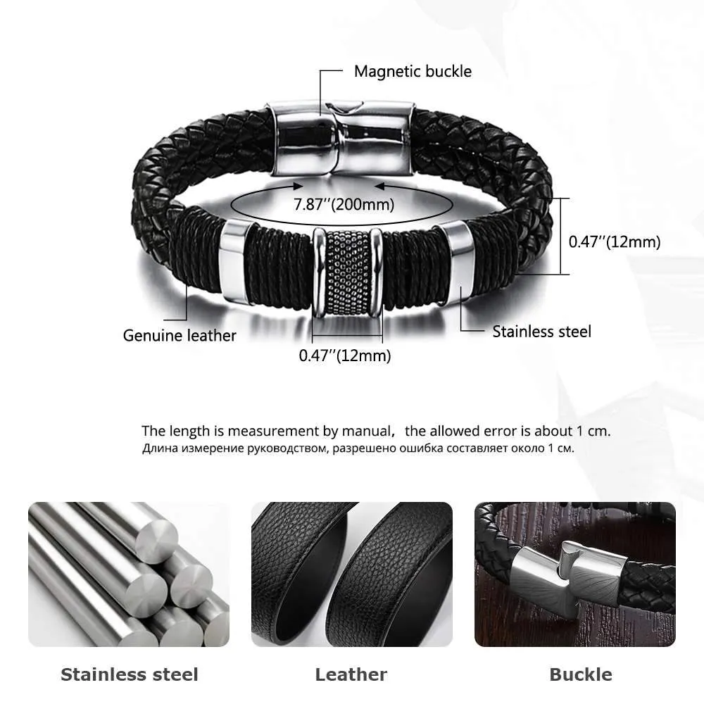 Classic Bracelets for Men - Stainless Steel and Genuine Leather Wide Bracelet - Magnetic Buckle - Trendy Design - Great Gift