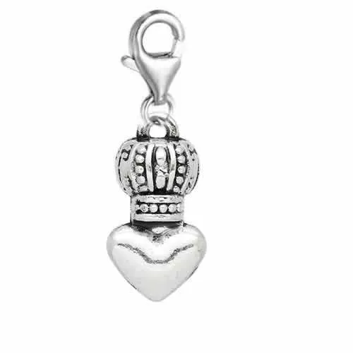 Clip on Crown on Heart Charm Pendant for European Jewelry w/ Lobster Clasp