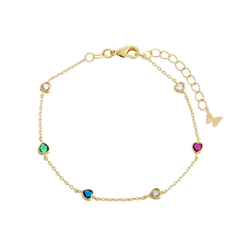 Colored CZ Multi Heart Chain Bracelet