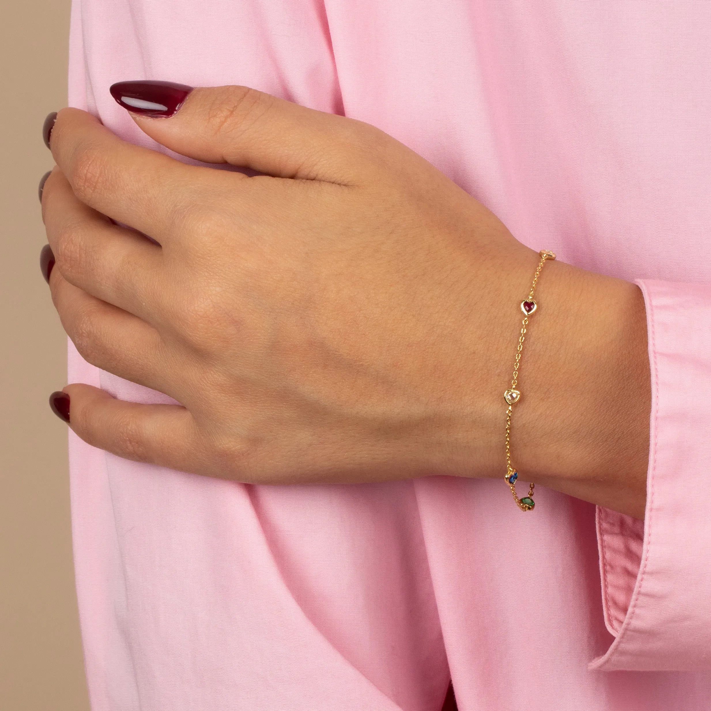 Colored CZ Multi Heart Chain Bracelet