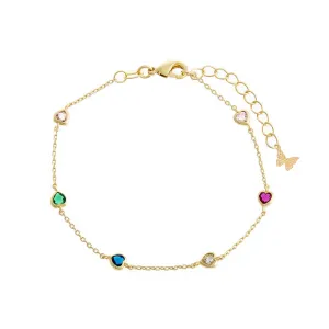 Colored CZ Multi Heart Chain Bracelet
