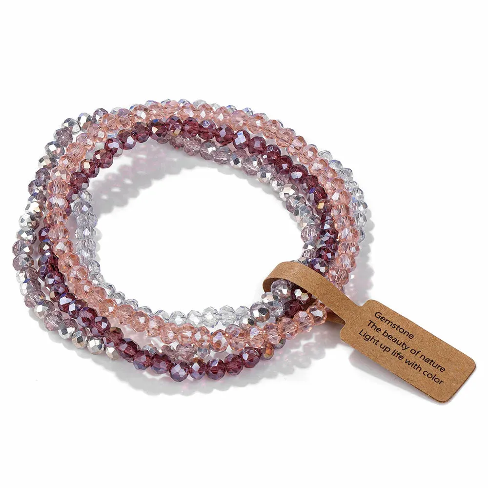 Colorful Glass Crystal Bracelets Set 4Pcs Faceted Pink Glass Crystal Bead Stretch Bangle Jewelry Gift For Women Girls Friend