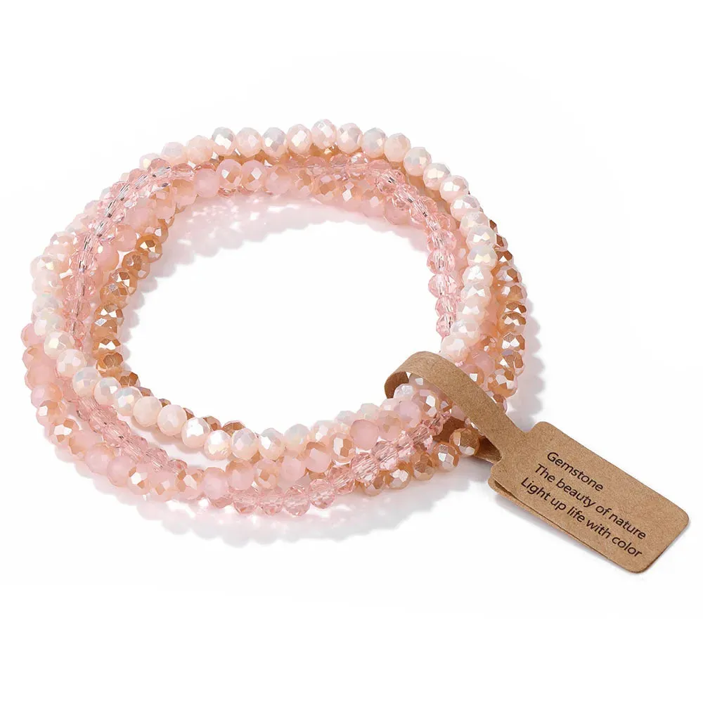 Colorful Glass Crystal Bracelets Set 4Pcs Faceted Pink Glass Crystal Bead Stretch Bangle Jewelry Gift For Women Girls Friend