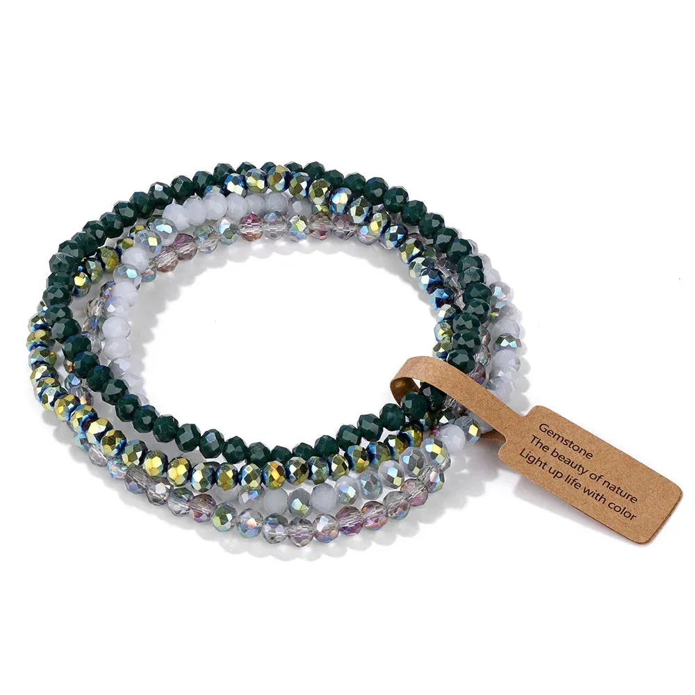 Colorful Glass Crystal Bracelets Set 4Pcs Faceted Pink Glass Crystal Bead Stretch Bangle Jewelry Gift For Women Girls Friend