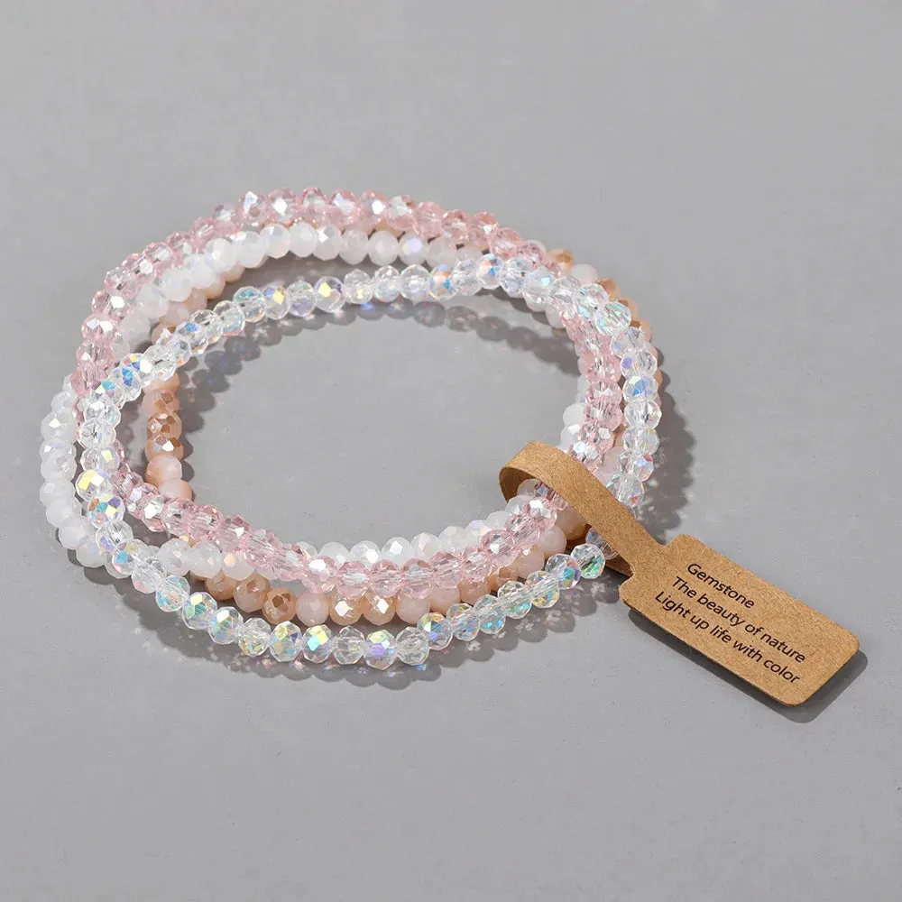 Colorful Glass Crystal Bracelets Set 4Pcs Faceted Pink Glass Crystal Bead Stretch Bangle Jewelry Gift For Women Girls Friend