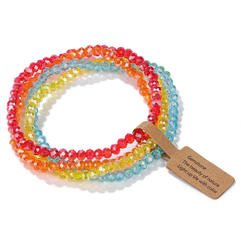 Colorful Glass Crystal Bracelets Set 4Pcs Faceted Pink Glass Crystal Bead Stretch Bangle Jewelry Gift For Women Girls Friend