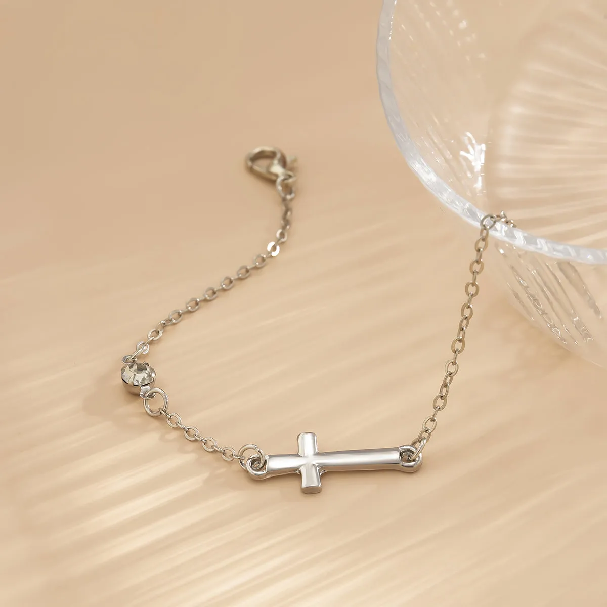 Cubic Zirconia & Silver-Plated Cross Charm Bracelet