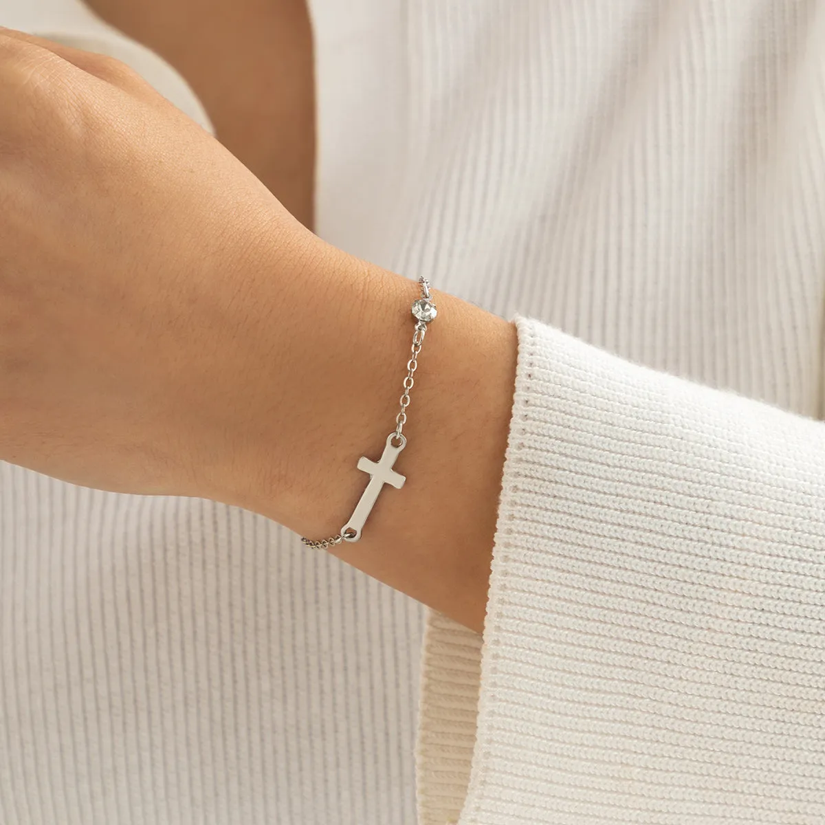 Cubic Zirconia & Silver-Plated Cross Charm Bracelet