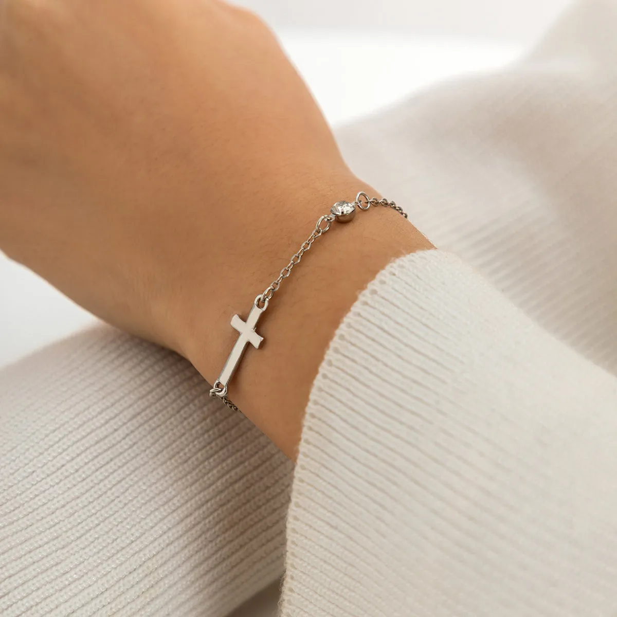 Cubic Zirconia & Silver-Plated Cross Charm Bracelet
