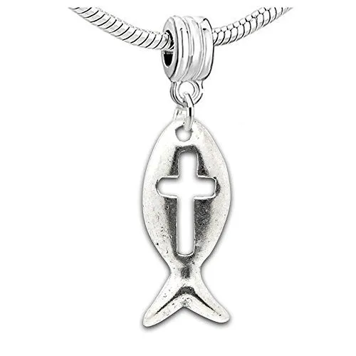 Dangling Jesus Fish Charm Charm European Bead Compatible for Most European Snake Chain Bracelet