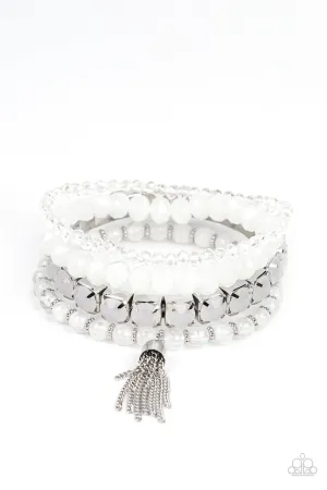 Day Trip Trinket - White - Bead Tassel Paparazzi Stretchy Bracelet