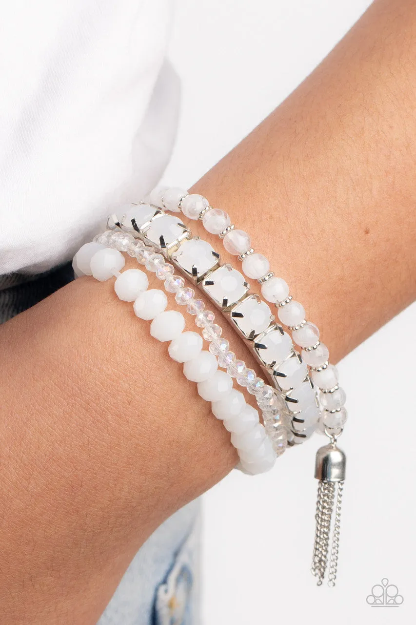 Day Trip Trinket - White - Bead Tassel Paparazzi Stretchy Bracelet