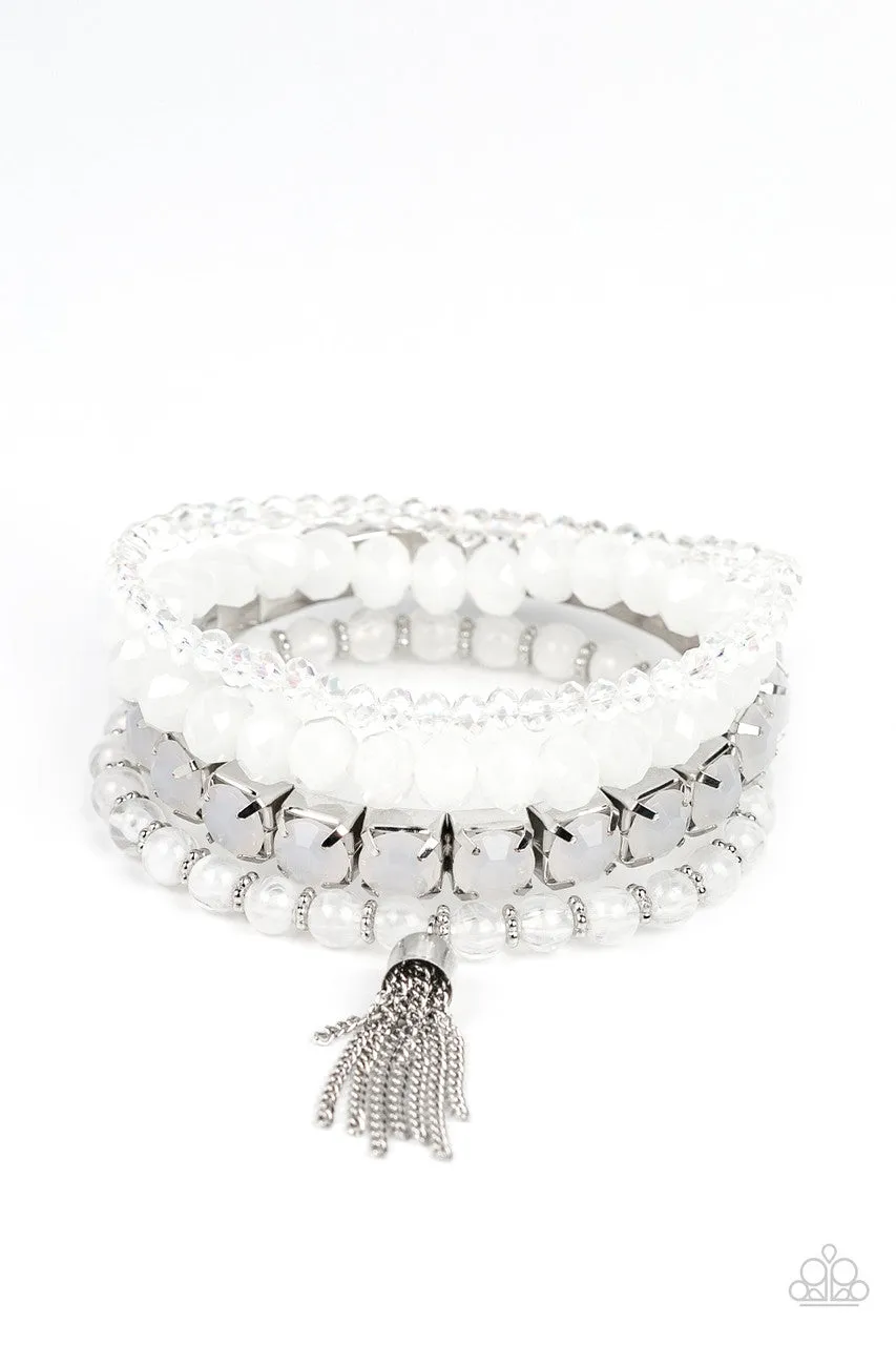 Day Trip Trinket - White - Bead Tassel Paparazzi Stretchy Bracelet