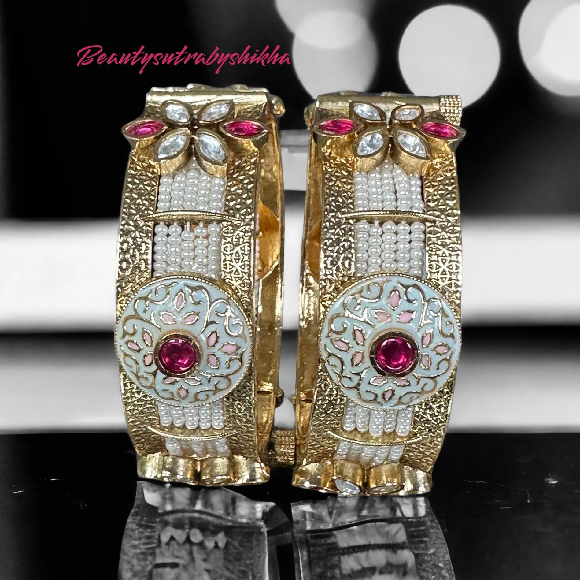 Exquisite Gold Plated Bangles with Pearls and Red  Stones