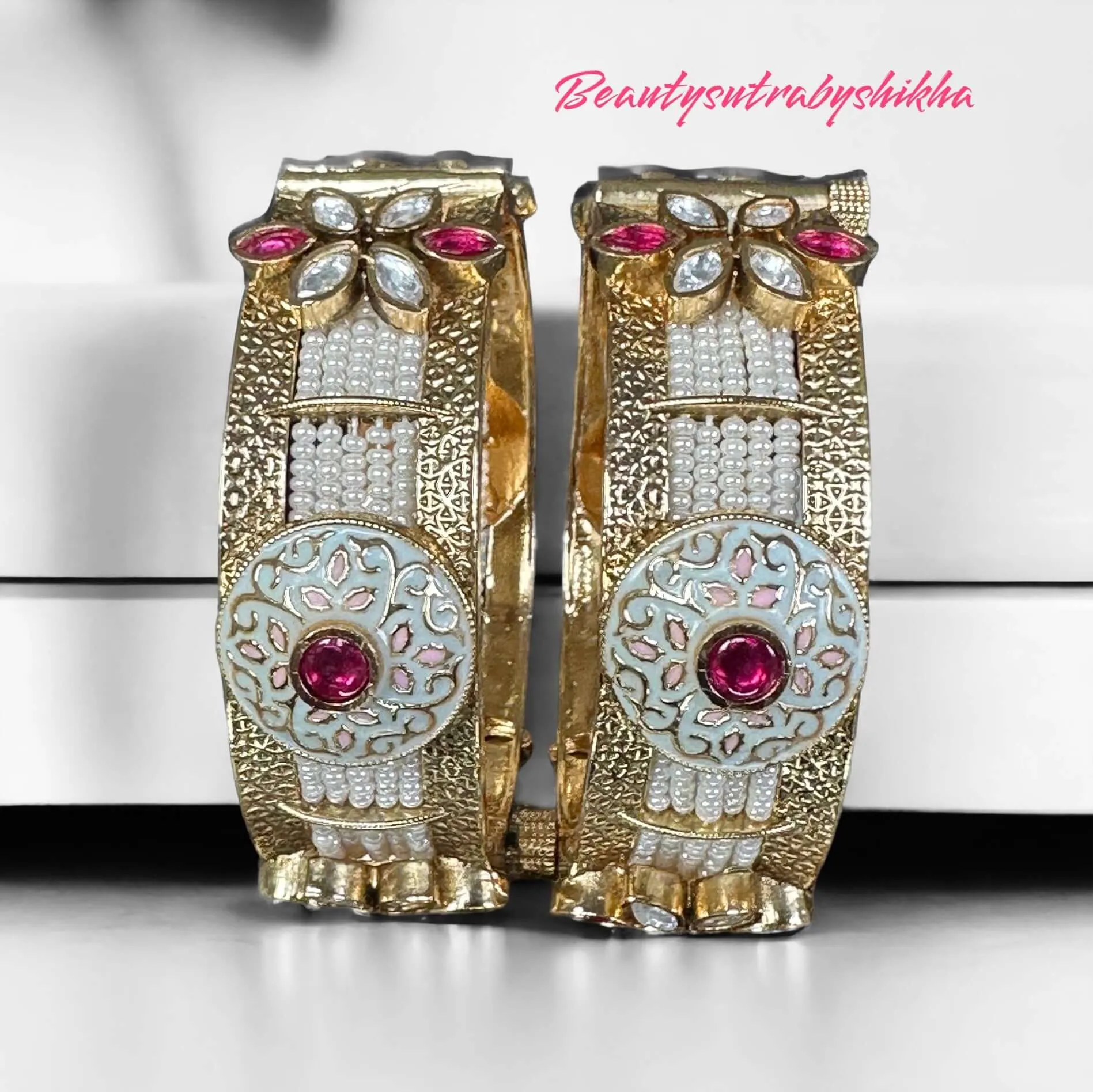 Exquisite Gold Plated Bangles with Pearls and Red  Stones
