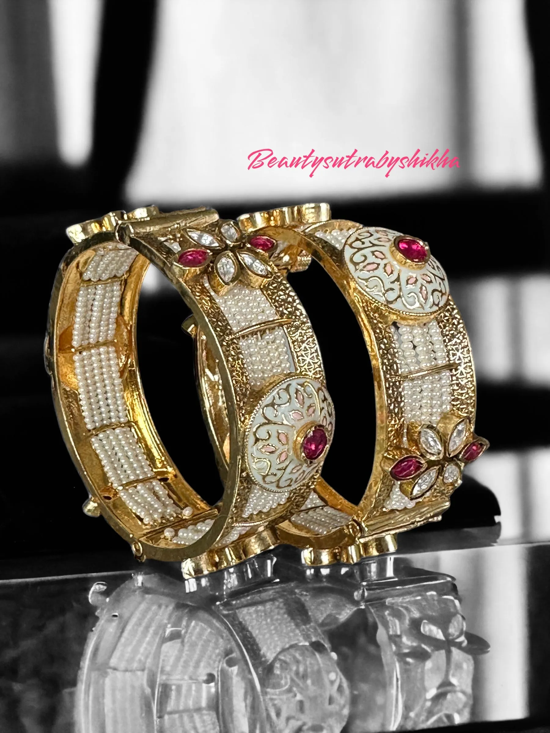 Exquisite Gold Plated Bangles with Pearls and Red  Stones