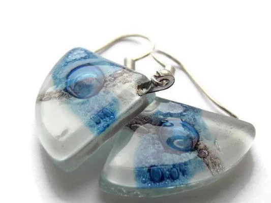Fan Shaped White Blue and a purply color Recycled Glass Drop Earrings. Dangle Earrings