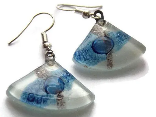 Fan Shaped White Blue and a purply color Recycled Glass Drop Earrings. Dangle Earrings