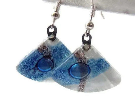 Fan Shaped White Blue and a purply color Recycled Glass Drop Earrings. Dangle Earrings
