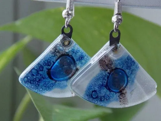 Fan Shaped White Blue and a purply color Recycled Glass Drop Earrings. Dangle Earrings