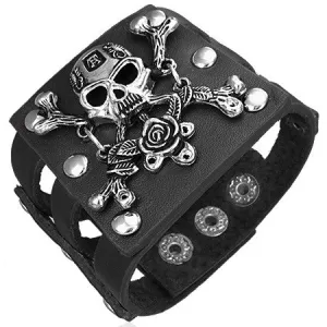 Fashion Alloy Genuine Black Leather Rose Pirate Skull Crossbones Snap Wristband Mens Bracelet