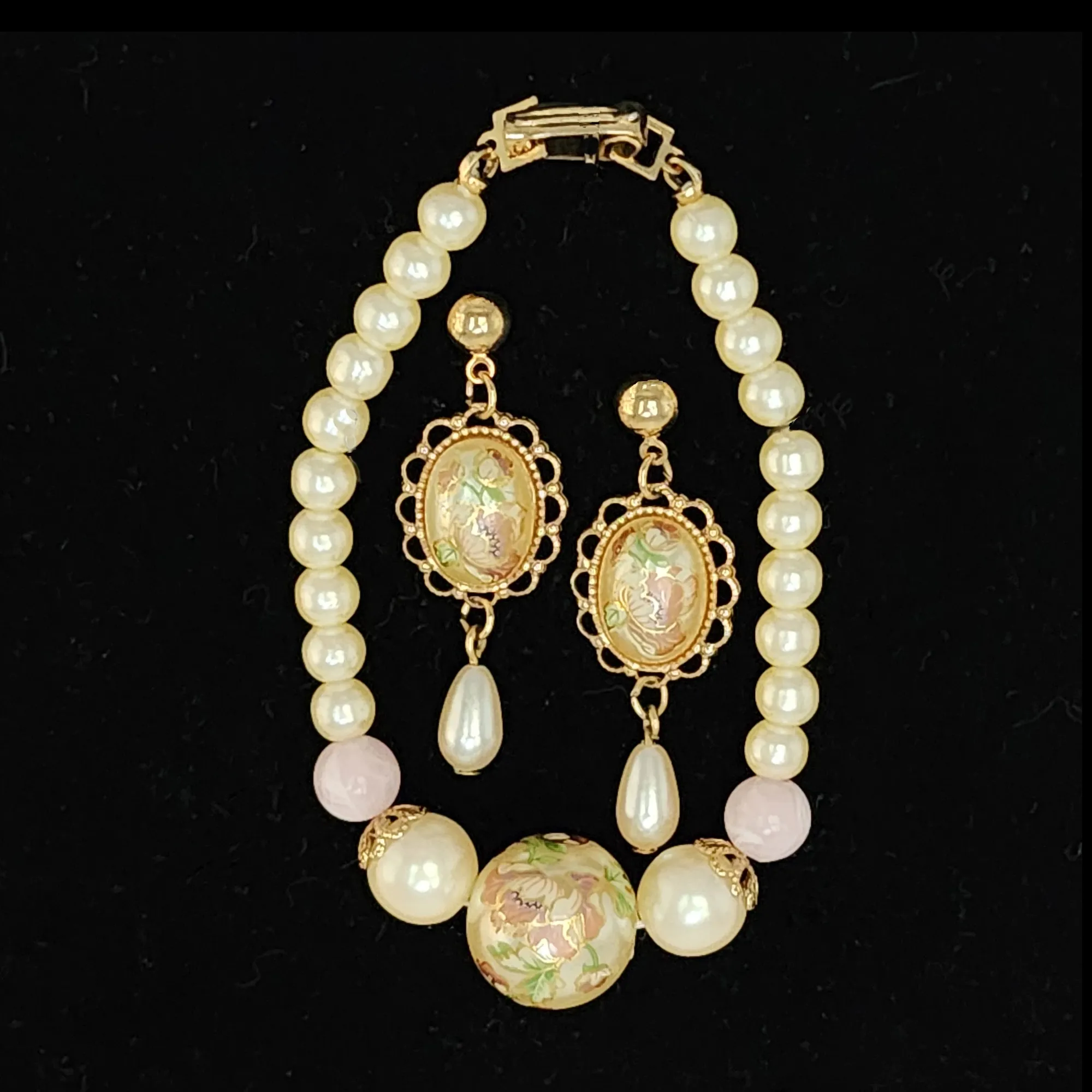 Faux Cloisonne and Pearl Bracelet and Filigree Pearl Drop Earring Set